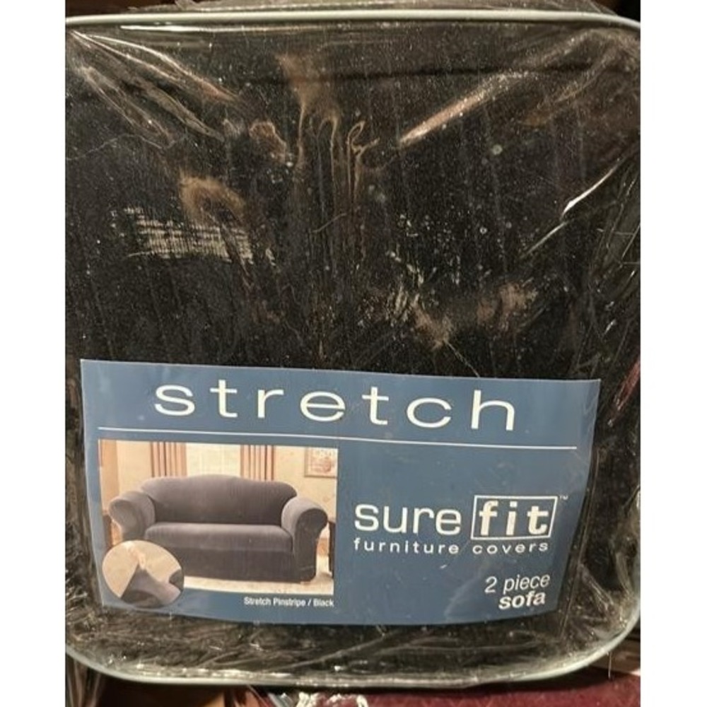 Sure Fit Stretch Pinstripe Black Damask 2pc Sofa Slipcover 74-96in Box Cushion